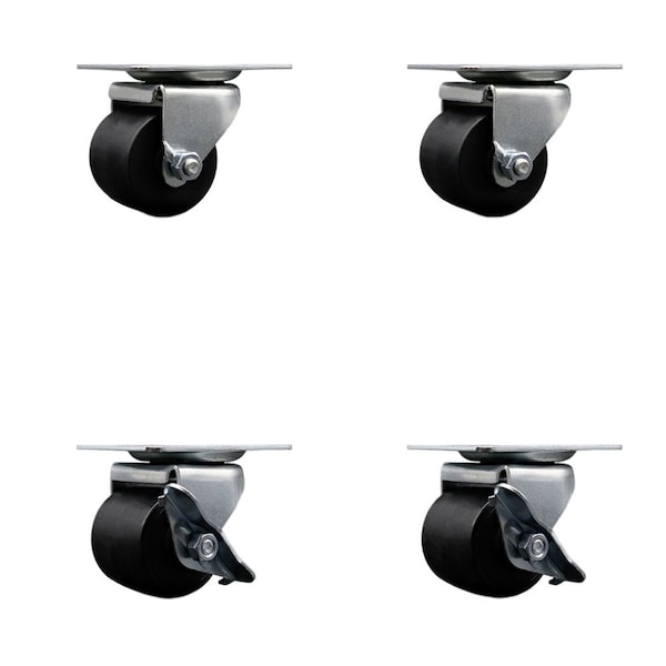 Low Profile Polyolefin 2'' Wheel Top Plate Swivel Caster Set with 2 Brake, 4PK